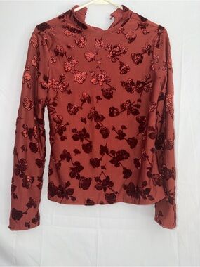 Anewsta Velvet Floral Burnt Rose Long Sleeve Top